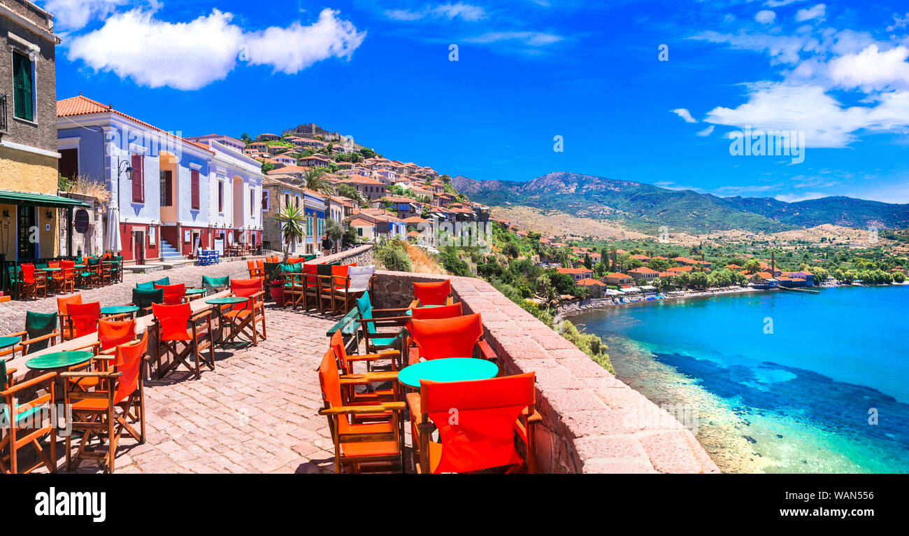 Beautiful Lesbos (Lesvos) island in Greece. Scenic medieval village Molyvos (Mithymna) Stock Photo