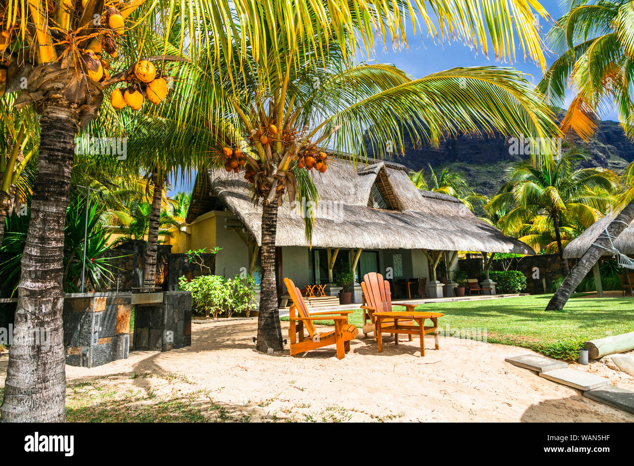 Exotic tropical holidays and amazing beaches of Mauritius island Stock Photo