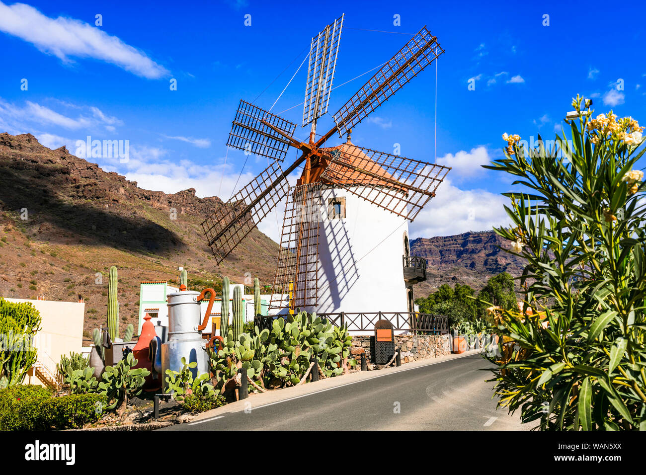 Traditional windmill in Mogan village,Gran Canaria,Spain. Stock Photo