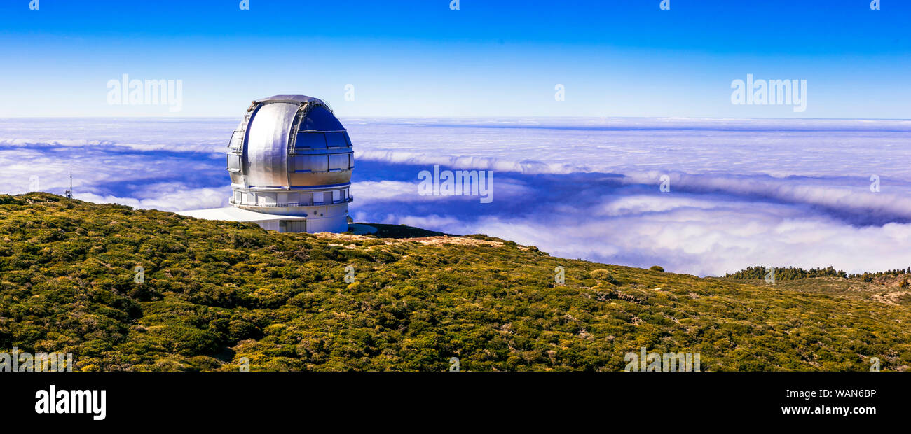 Impressive Roque de Los Muchachos,view with observatory and sky,La Palma,Spain. Stock Photo