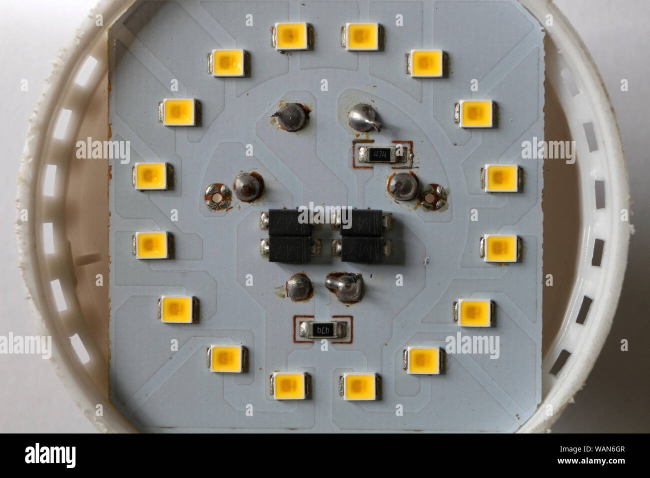 Circuit board of an low energy LED light bulb with diffuser cut away