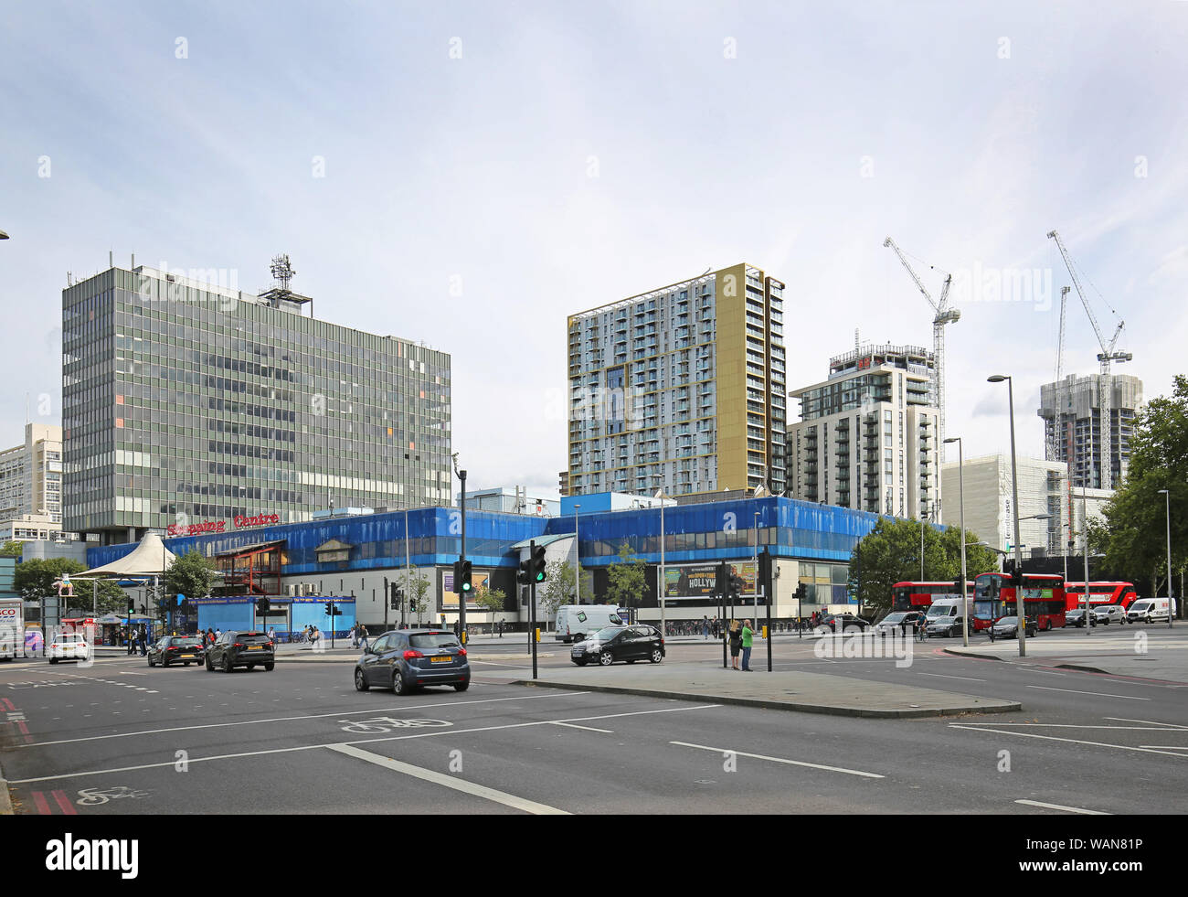 The delapidated shopping centre at Elephant and Castle in southeast London, UK. New residential development 'Elephant Park' in background (right). Stock Photo
