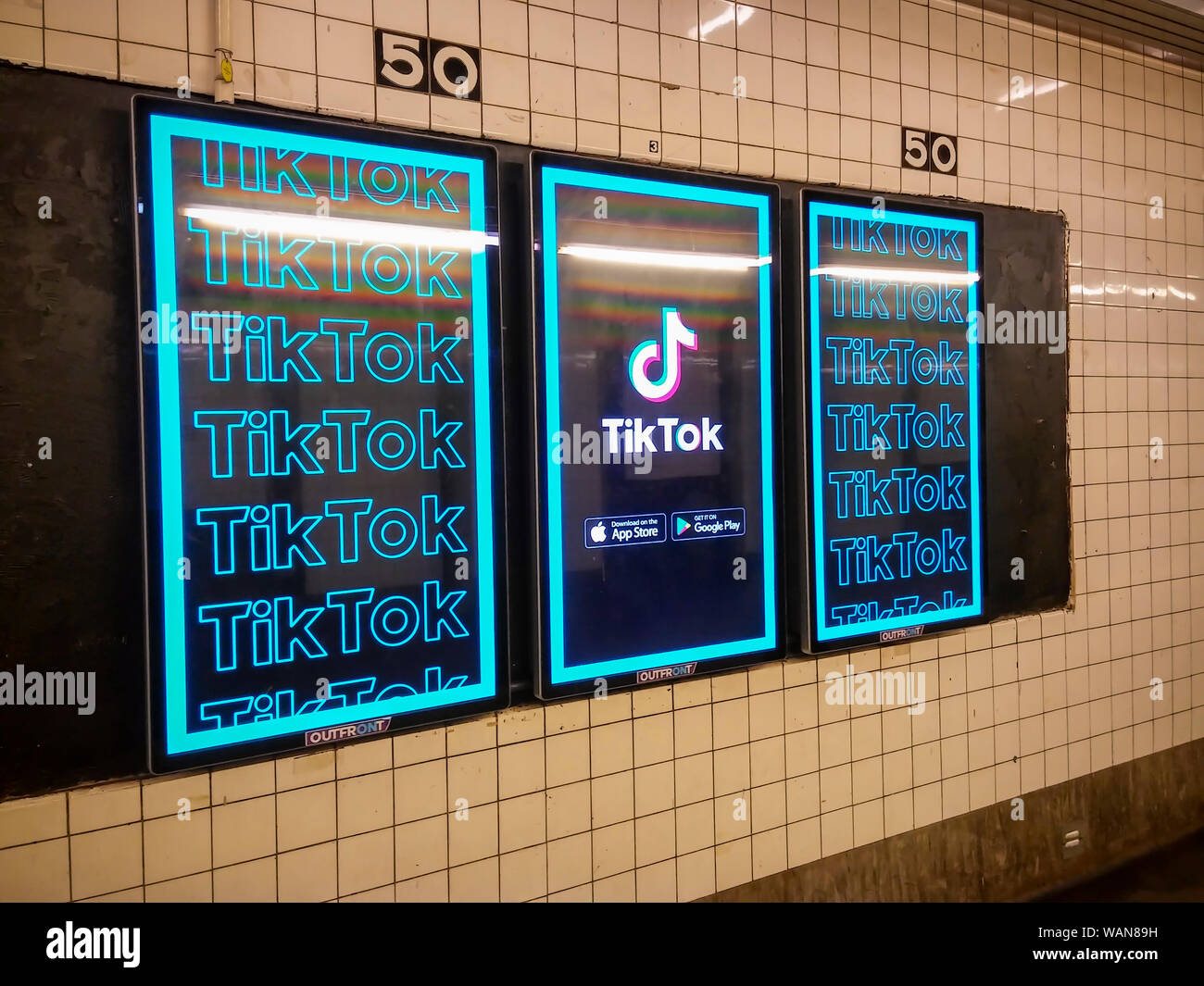 Advertising for the Chinese video platform TikTok in a subway station in New York on Tuesday, August 13, 2019. TikTok is a platform for users to post short-form mobile videos. (© Richard B. Levine) Stock Photo