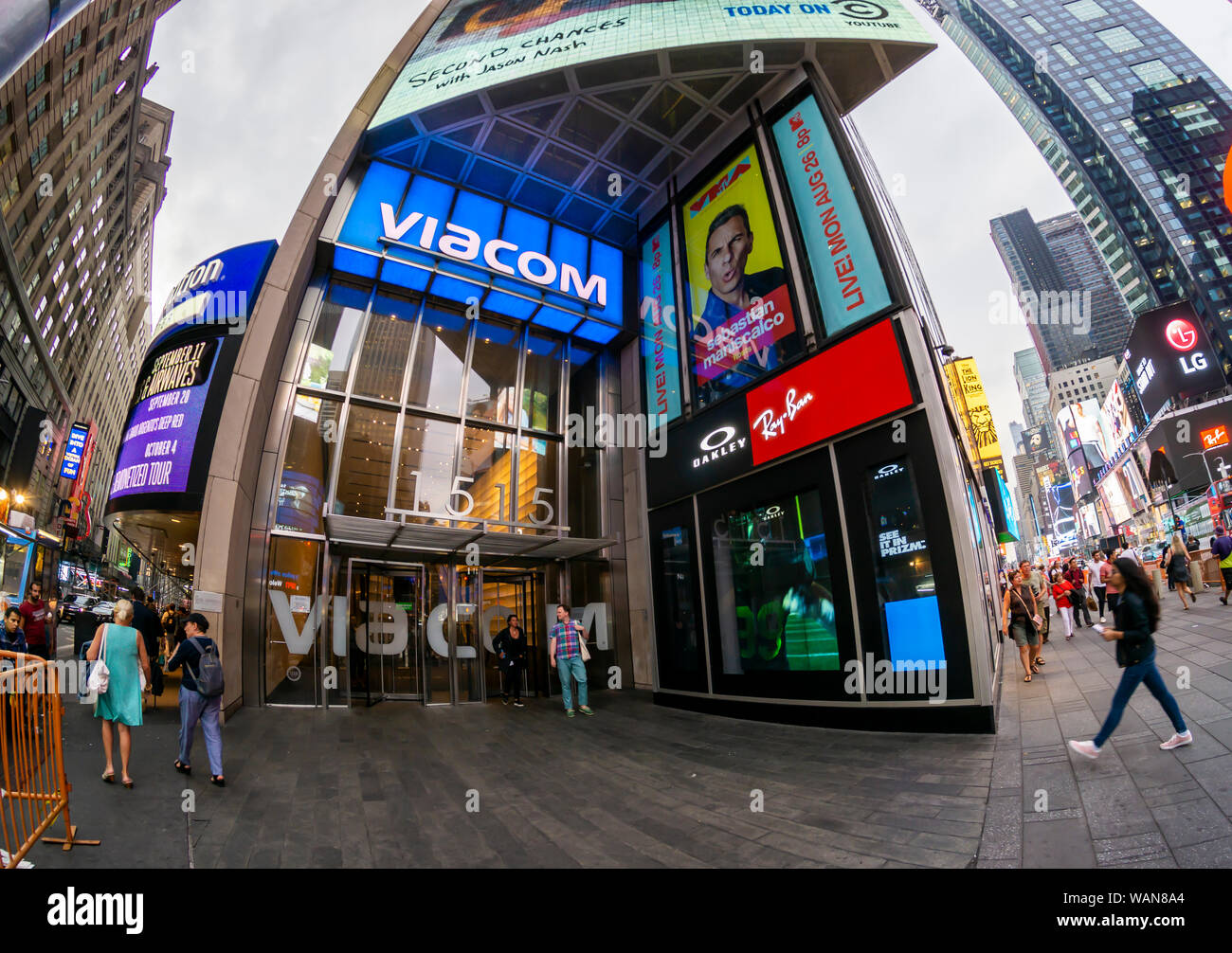 The Viacom headquarters in Times Square in New York on Tuesday, August 13, 2019. The long suffering merger between CBS and Viacom is now on with the new entity to be called ViacomCBS Inc.(© Richard B. Levine) Stock Photo