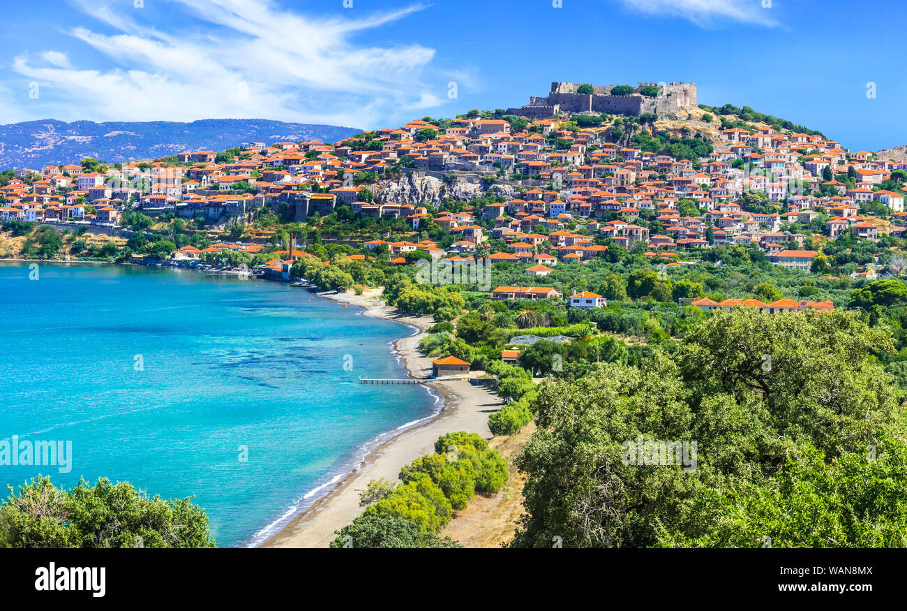 beautiful Molyvos (Mythimna) old town in Lesbos island. Greece Stock Photo
