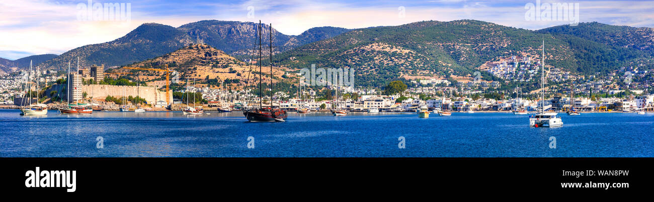 Beautiful Bodrum old town,view with sea,old castle and mountains,Turkey. Stock Photo