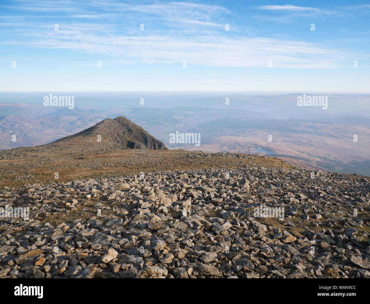 View from the summit along the north east ridge of Moel Siabod, a mountain in Snowdonia, North Wales Stock Photo