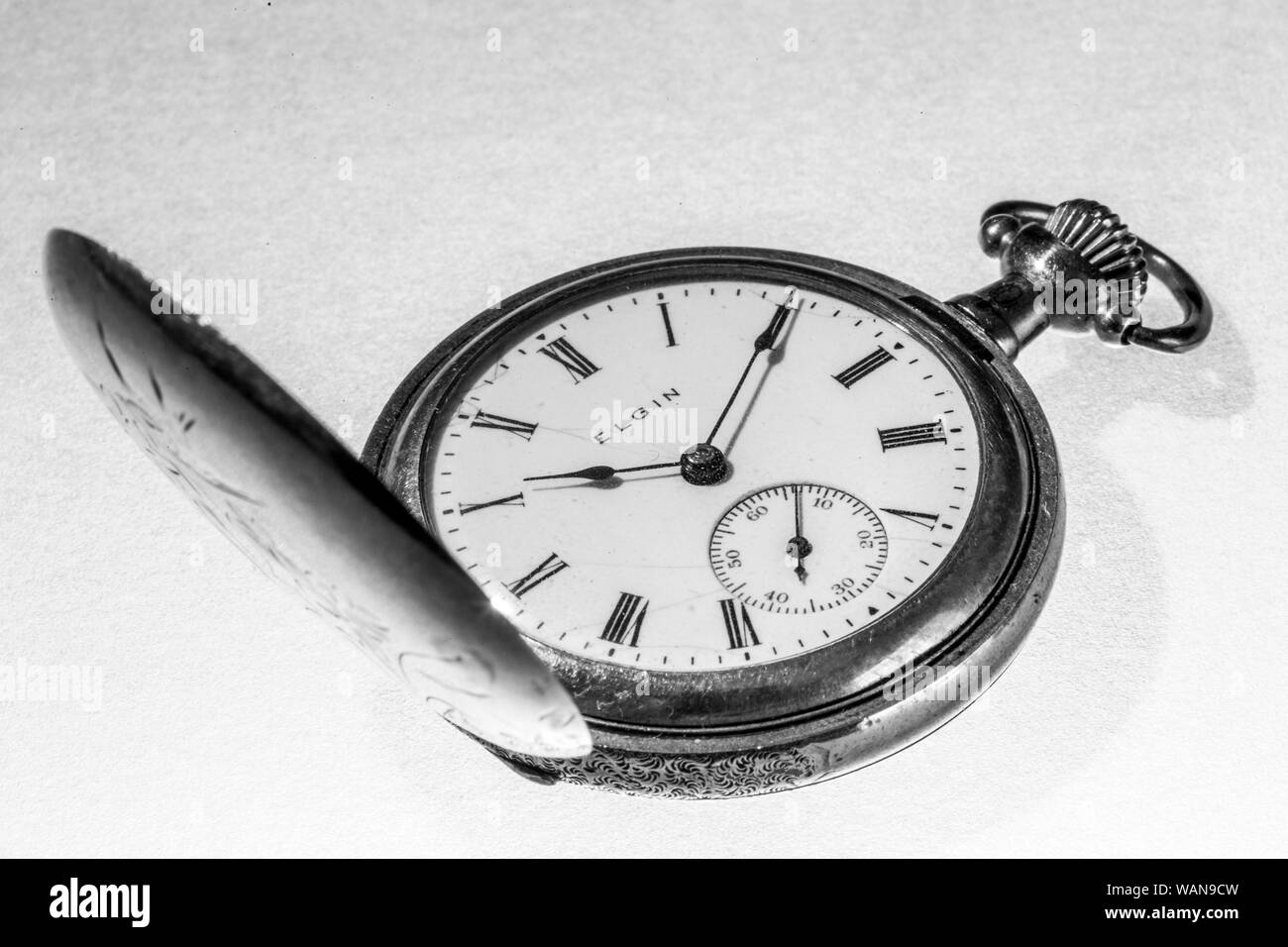 Still life with vintage Elgin Railroad Pocket Watch, USA Stock Photo