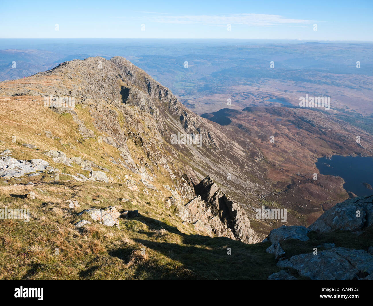 View from the summit along the north east ridge of Moel Siabod, a mountain in Snowdonia, North Wales Stock Photo