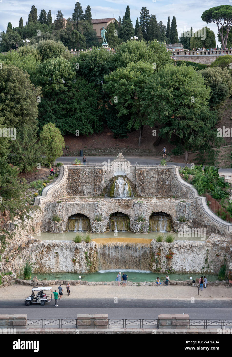 The Poggi’s Ramps (Rampe del Poggi) with beautiful fountain system, fully restored in 2019. Higher up can be seen the terrace of Piazzale Michelangelo. Stock Photo