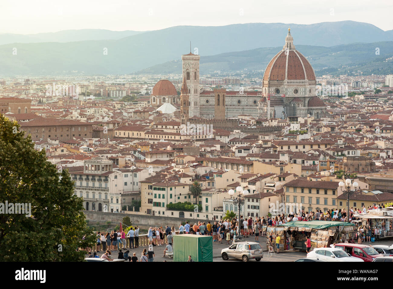 Florence, Italy - 2019, August 16: Piazzale Michelangelo with city skyline, in a summer day, view from the loggia that dominates the whole terrace. Stock Photo