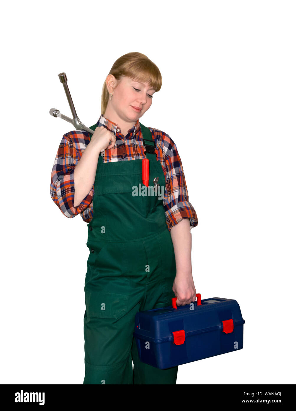 female auto mechanic in bib overalls with spidertype lug wrench and