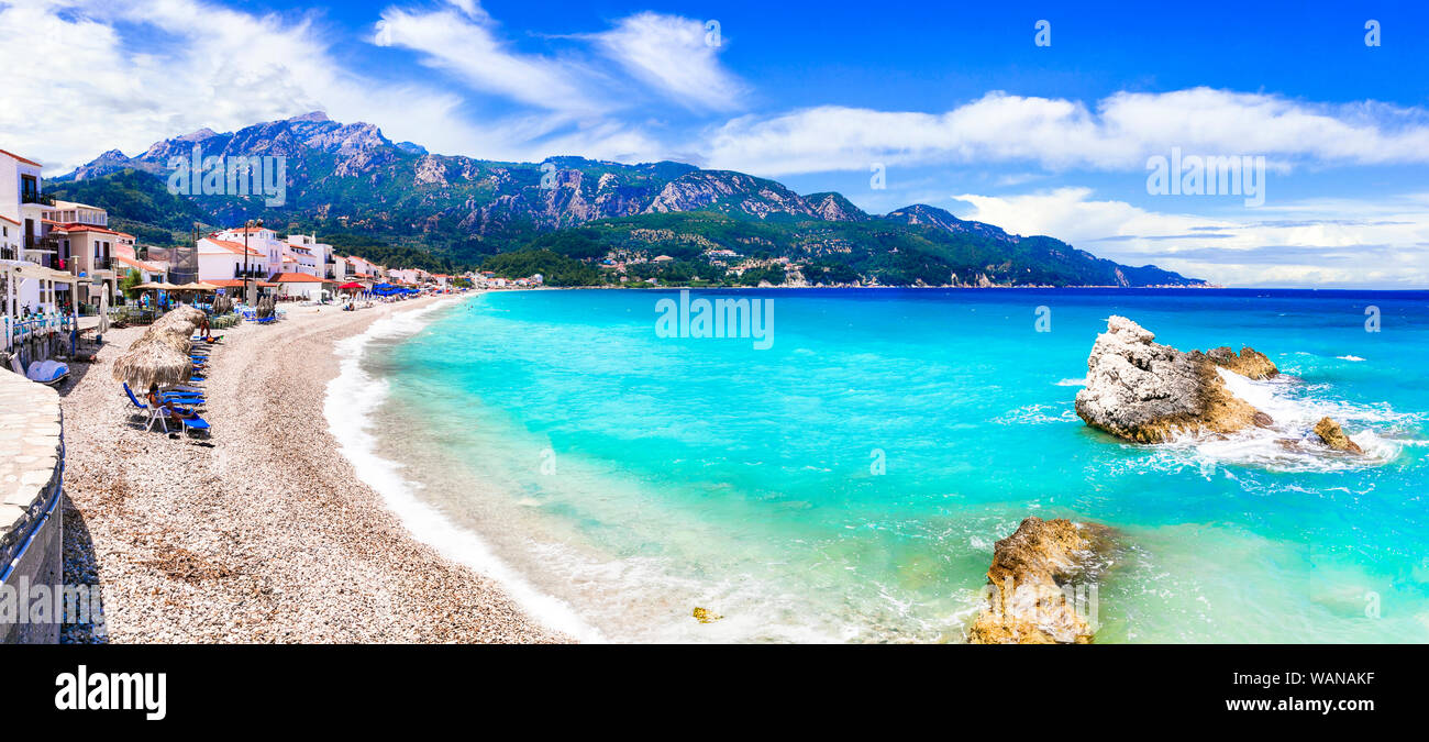Beautiful Kokkari village,view with turquoise sea and mountains,Samos island,Greece. Stock Photo