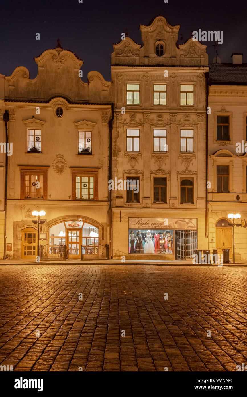 This is a nighttime shot of buildings in Pardubice Old Town Square. Stock Photo