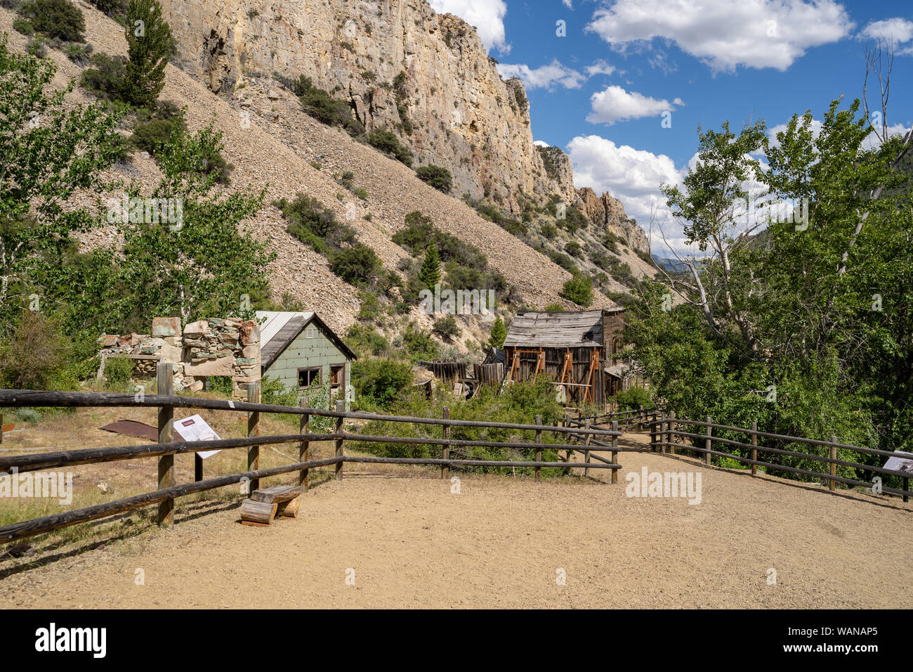 Paved walking trails in the Bayhorse Ghost Town, in the Salmon-Challis National Forest of Idaho Stock Photo