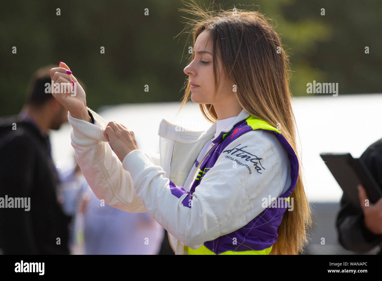 Marta Garcia in the paddock preparing for the race. W Series last race of inaugural series 2019. Brands Hatch Stock Photo
