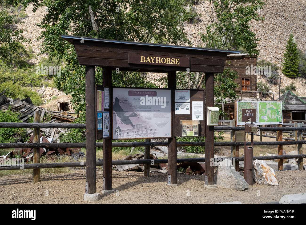 Bayhorse, Idaho - July 2, 2019: Information center for the ghost town of Bayhorse Idaho in the Salmon Challis National Forest Stock Photo