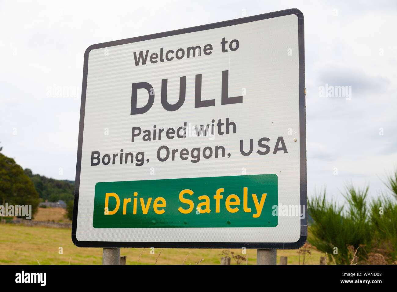 Road sign at Scottish village called Dull near Aberfeldy in Perthshire, Scotland , UK Stock Photo