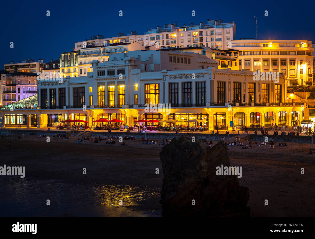 In the dark, the Municipal Casino and Big Beach of Biarritz (France). This space greets the G7 Summit 2019 from the 24th to 26th August. Stock Photo