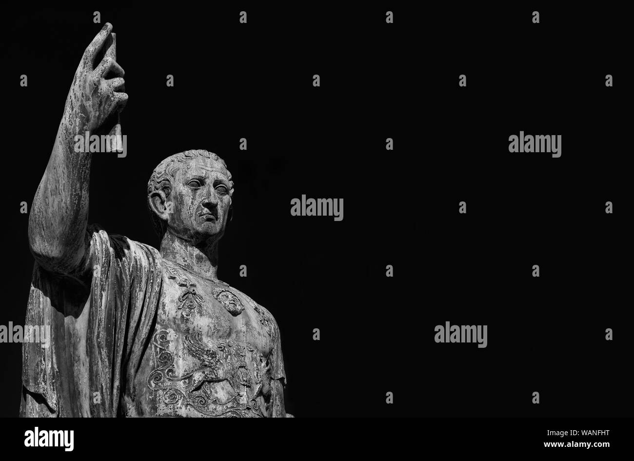 Caesar Augustus Nerva Emperor of Ancient Rome bronze statue in Imperial Forum (Black and White with copy space) Stock Photo