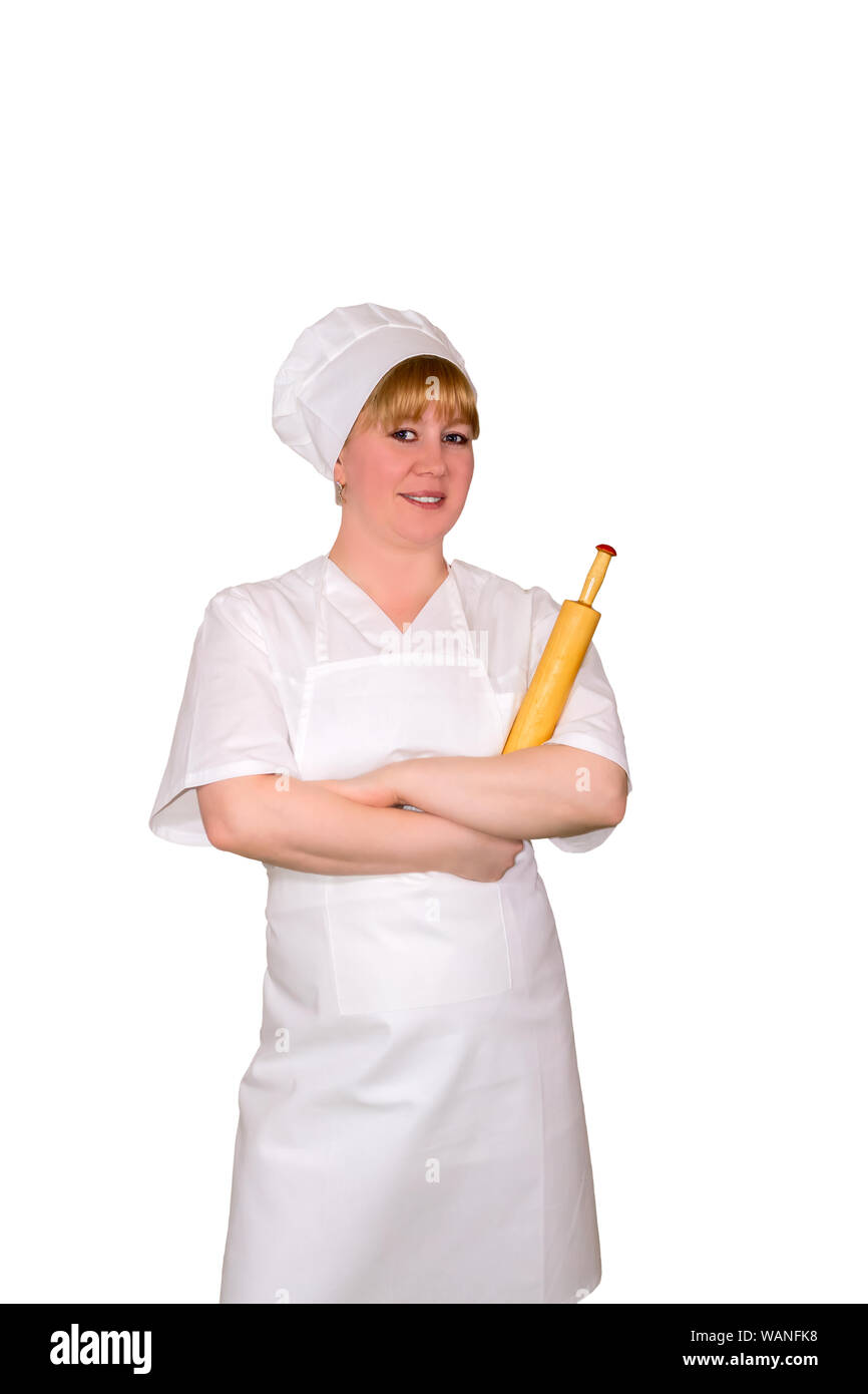smiling female baker with rolling pin isolated on white background Stock Photo