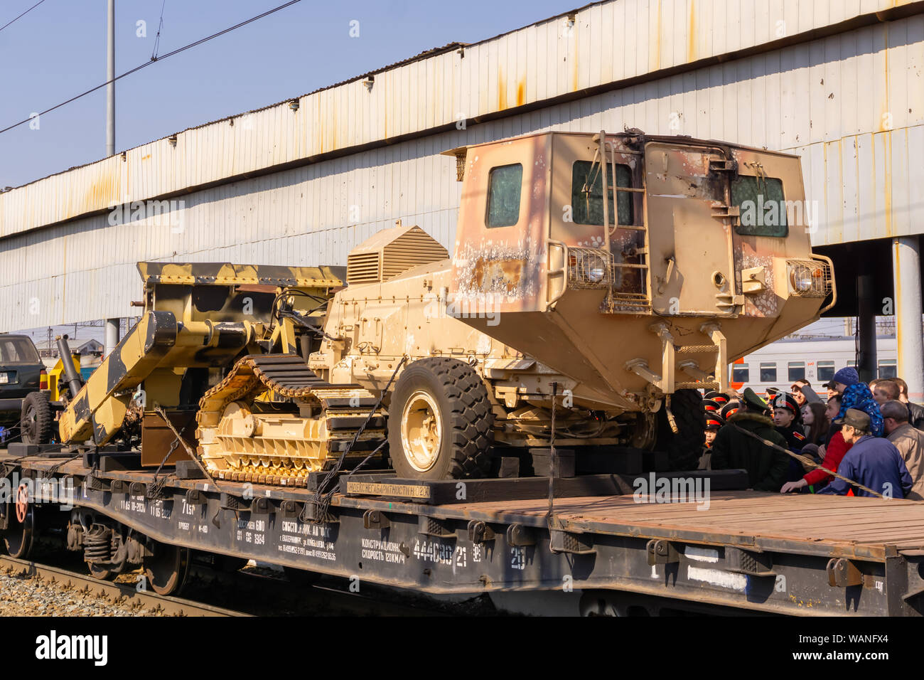 Perm, Russia - April 10, 1019: self-propelled mine flail of ISIS militants, seized as a trophy by the Russian army during Syrian war, on a railway fla Stock Photo