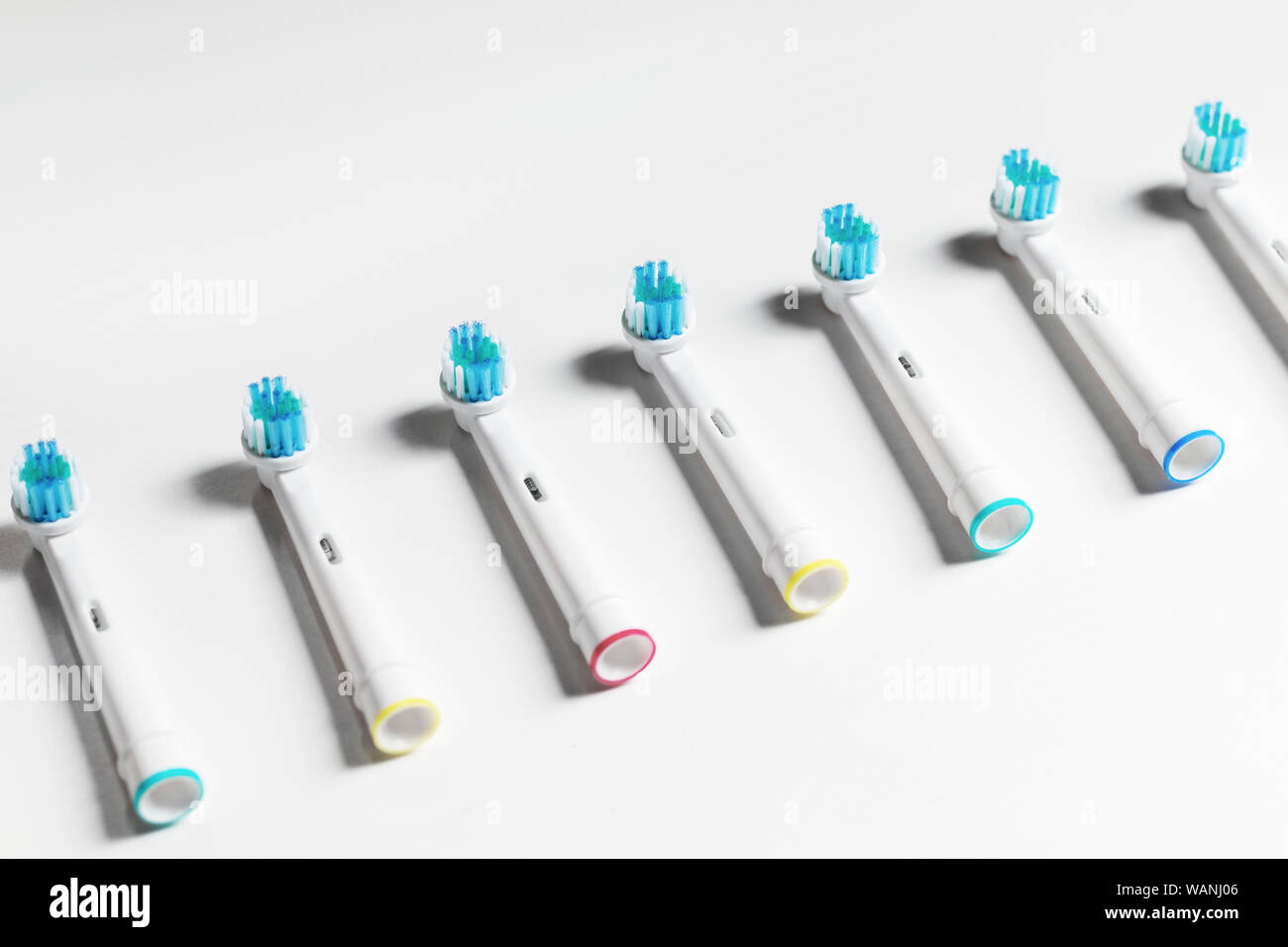 Row of toothbrush heads isolated on a white background, with a shallow depth of field Stock Photo