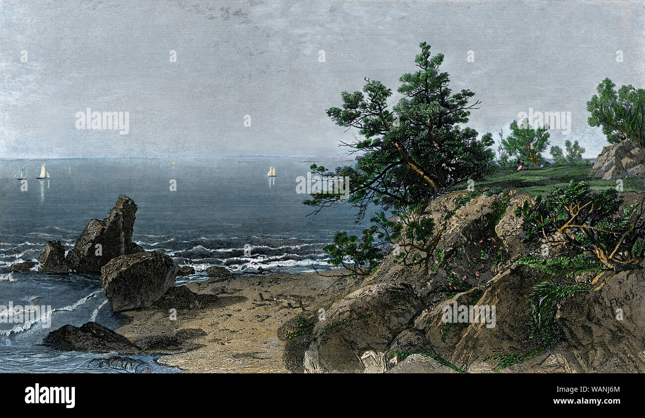 View from the coast of Beverly on Cape Ann Massachusetts, 1870s. Hand-colored engraving of a painting Stock Photo