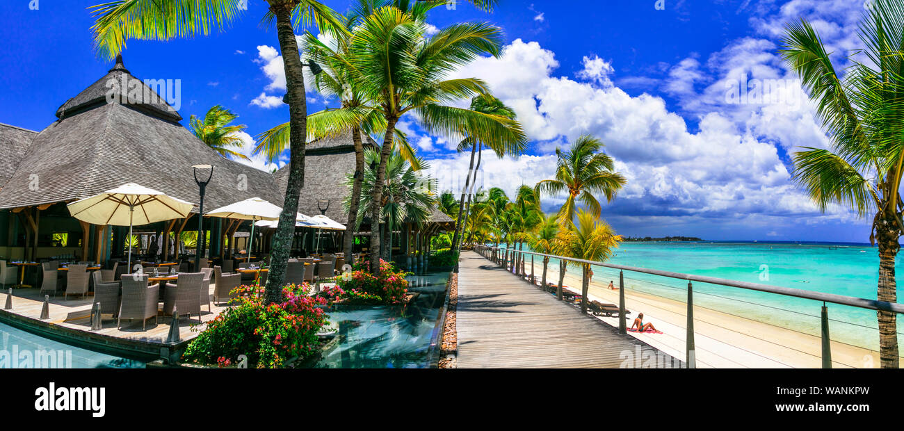 Luxury hotel in tropical paradise,Le Morne,Mauritius island. Stock Photo