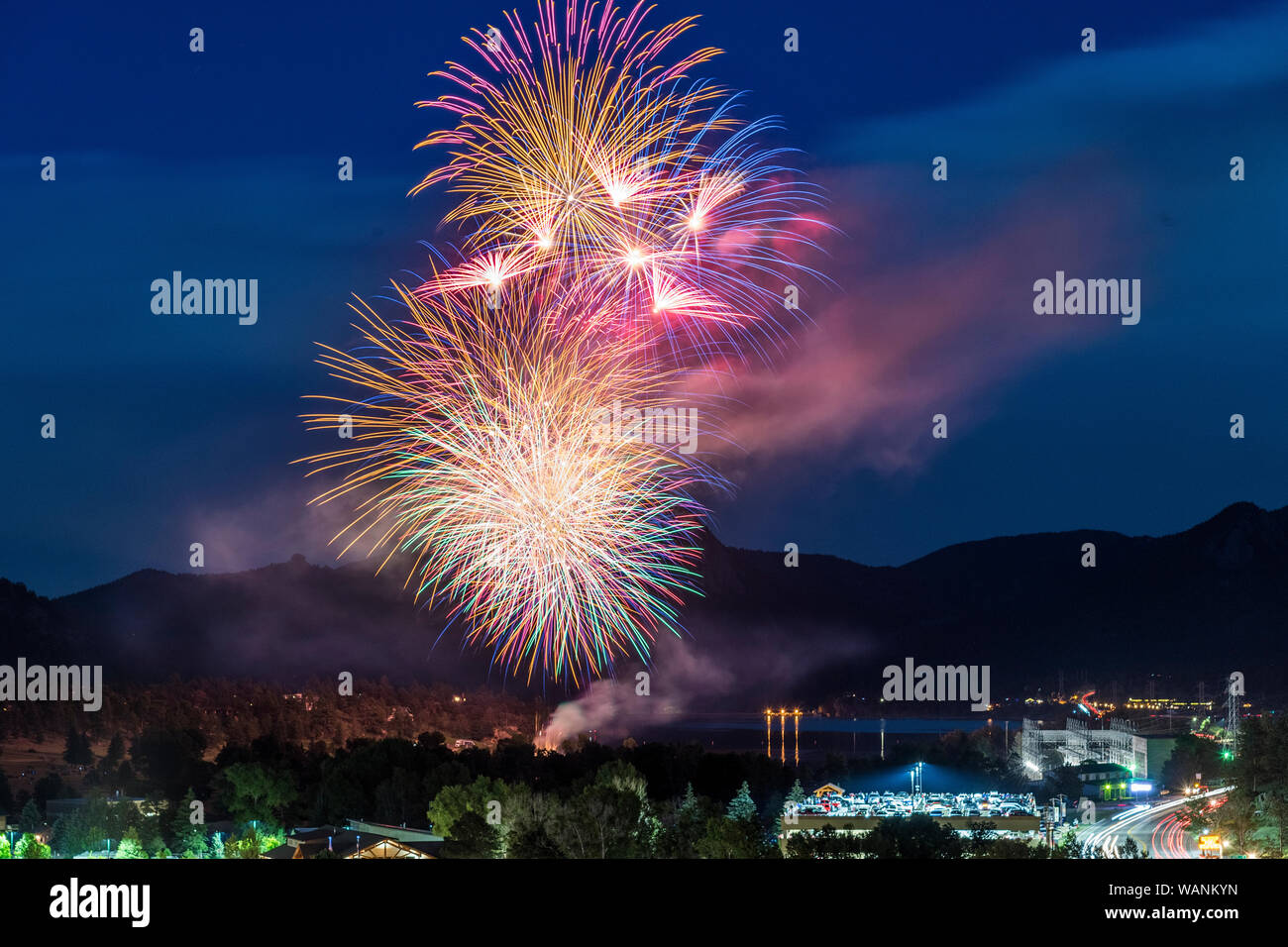 A colorful display of fireworks above Lake Estes in Estes Park