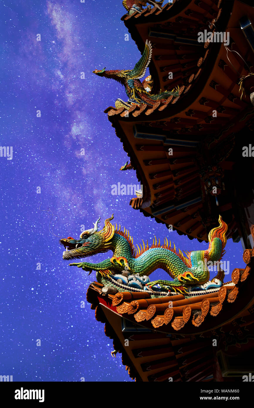 Beautiful dragon statues at the Zizhu Temple or Purple Bamboo Temple as it is known with a starry sky. Located in Kaohsiung Taiwan, Republic of China Stock Photo