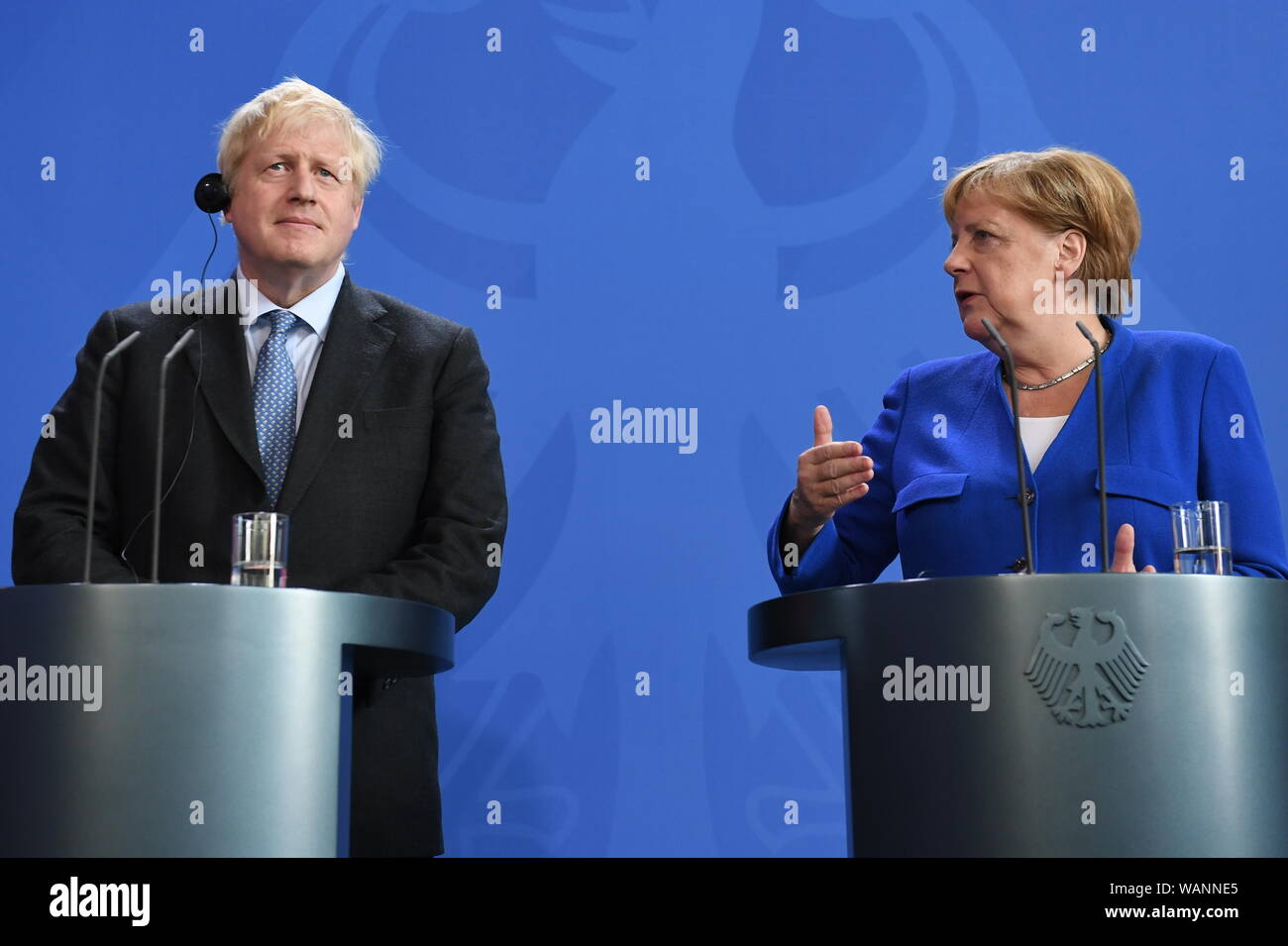 Prime Minister Boris Johnson holds a joint press conference with German Chancellor Angela Merkel in Berlin, ahead of talks to try to break the Brexit deadlock. Stock Photo
