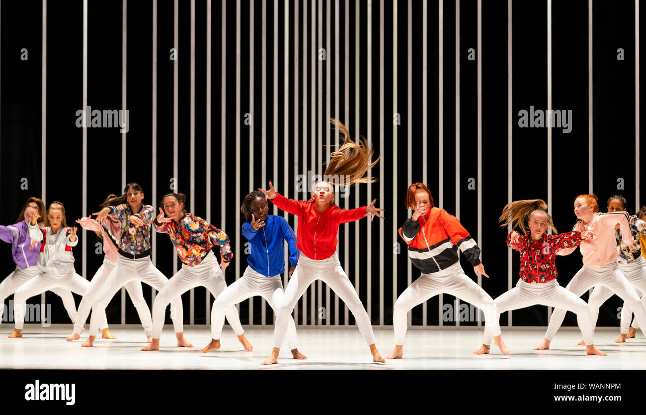 Edinburgh, Scotland, UK. 21 August 2019. Pictured; Young local dancers forming the Scottish ÒSugar ArmyÓ performing in Hard to Be Soft: A Belfast Prayer by Oona Doherty and Prime Cut Productions at the Lyceum Theatre at the Edinburgh International festival. Hard to Be Soft is a dance piece which looks behind the masks of violence and machismo to the inner lives of Belfast hard men and strong women. Cast in four episodes, Hard to Be Soft features solos from Doherty herself, a warrior-like hip-hop dance group, and a choreographed wrestling match for a male duet. Iain Masterton/Alamy Live News. Stock Photo