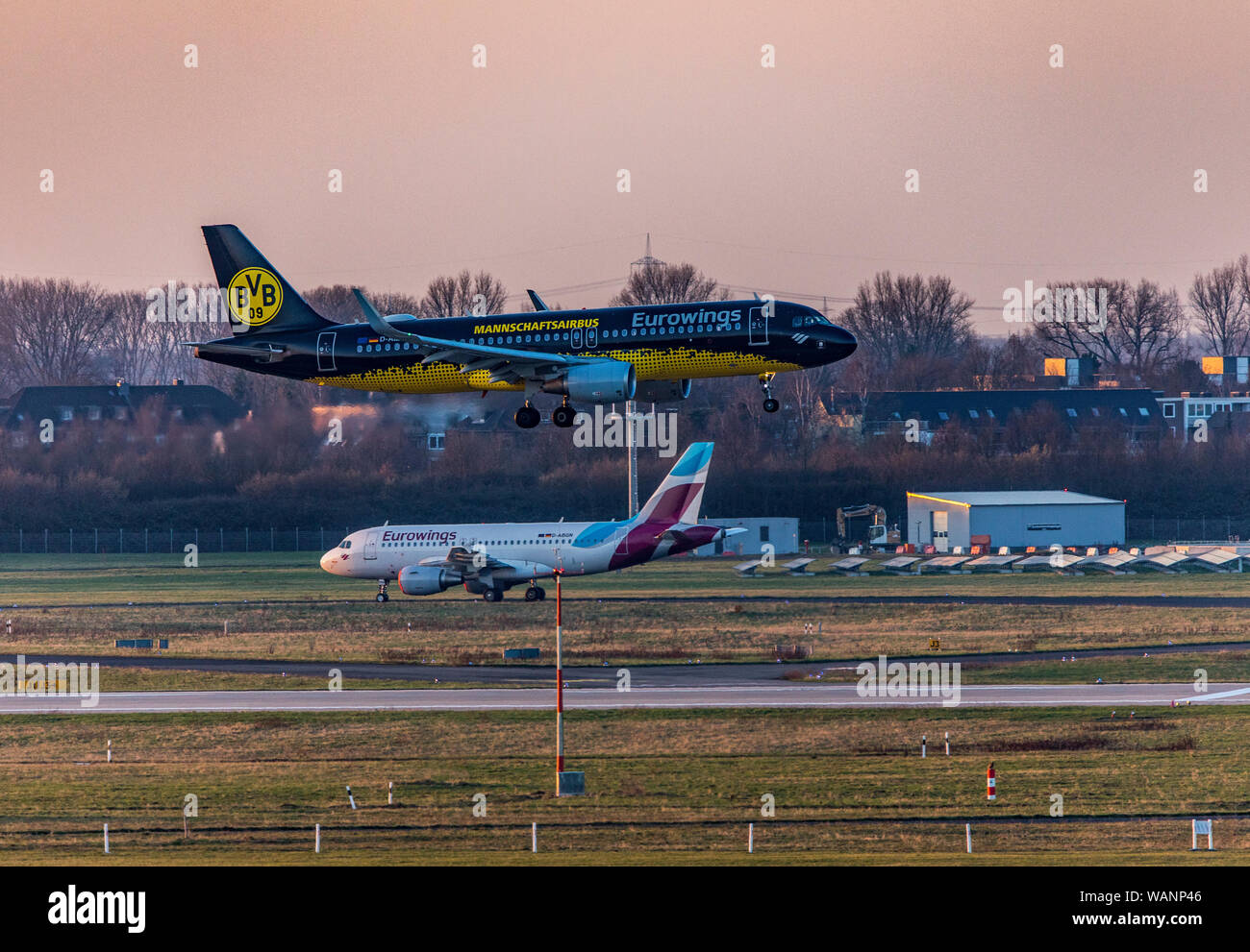 Düsseldorf International Airport, Eurowings aircraft approaching, BVB Branding, Stock Photo