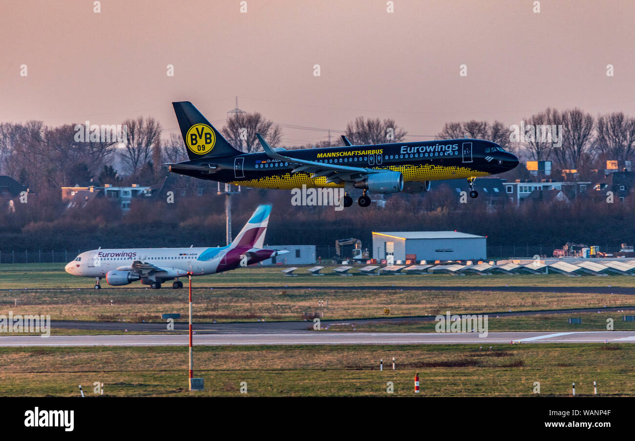 Düsseldorf International Airport, Eurowings aircraft approaching, BVB Branding, Stock Photo
