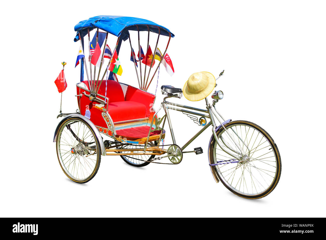 Thailand tricycle, Vintage old style decorated with flag of Thailand and Asean on isolated white background. Stock Photo