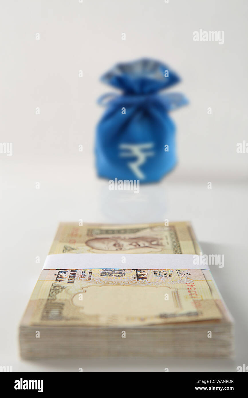 Money bag with Indian currency Stock Photo