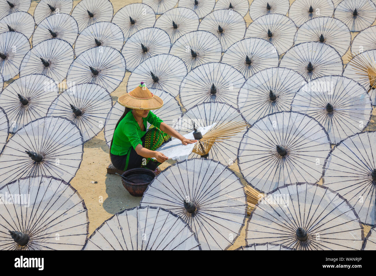 Umbrella Workshop in Mandalay, Myanmar. Stock Photo