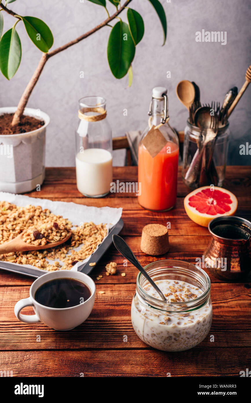 Ready to eat muesli breakfast with turkish coffee, grapefruit and juice