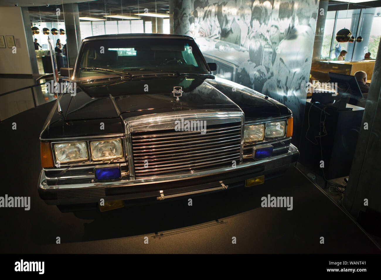 Russian armored limousine ZIL-41052 used by Russian president Boris Yeltsin on display in Boris Yeltsin's Museum in Yekaterinburg, Russia. The limousine produced by the ZIL automobile plant in 1997 was used as a official presidential car during his trips around Russia and abroad. The museum devoted to the first president of Russia runs in the Boris Yeltsin Presidential Centre also known as the Yeltsin Centre. Stock Photo