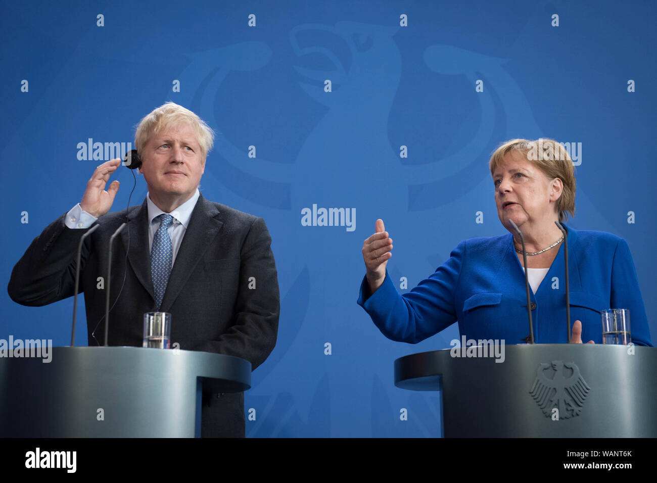 Prime Minister Boris Johnson holds a joint press conference with German Chancellor Angela Merkel in Berlin, ahead of talks to try to break the Brexit deadlock. Stock Photo
