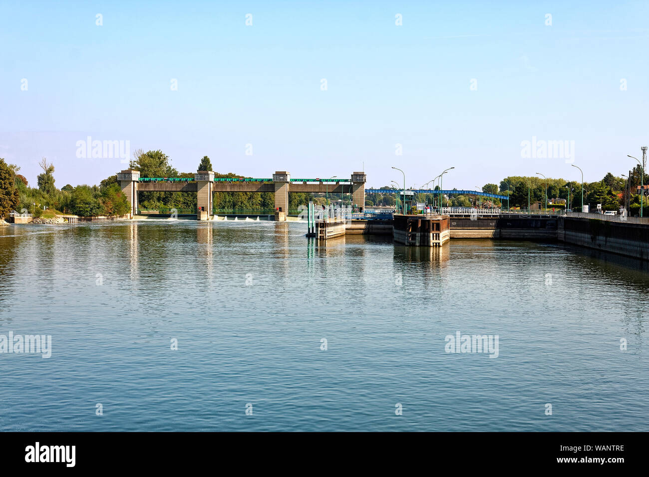 lock; Seine River; water control, full view, marine, Europe, Normandy; France; summer; horizontal Stock Photo