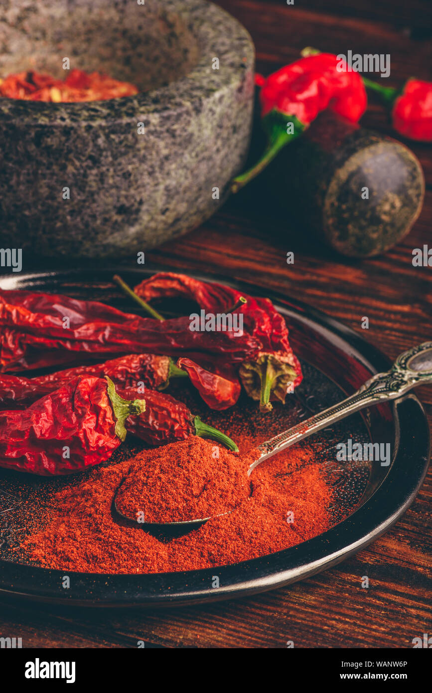 Spoonful of ground chili pepper with dried fruits on metal plate Stock