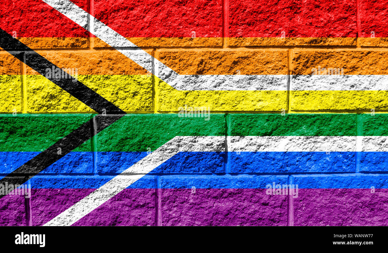 Flag of Gay pride Flag of South Africa close up painted on a cracked ...