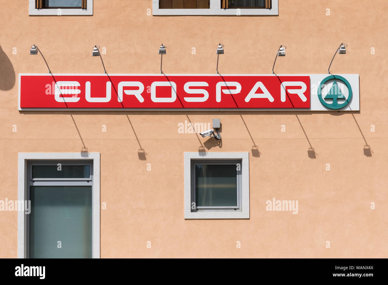 Eurospar supermarket sign, Eurospar logo - Palmanova, Italy Stock Photo