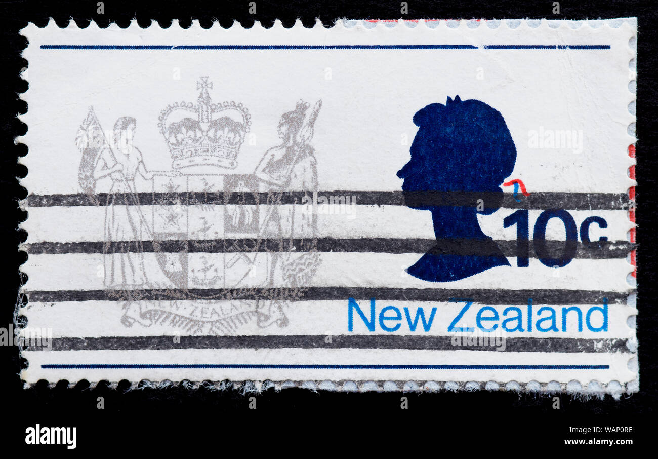 New Zealand Postage Stamp - New Zealand coat of arms & Queen Elizabeth II Stock Photo