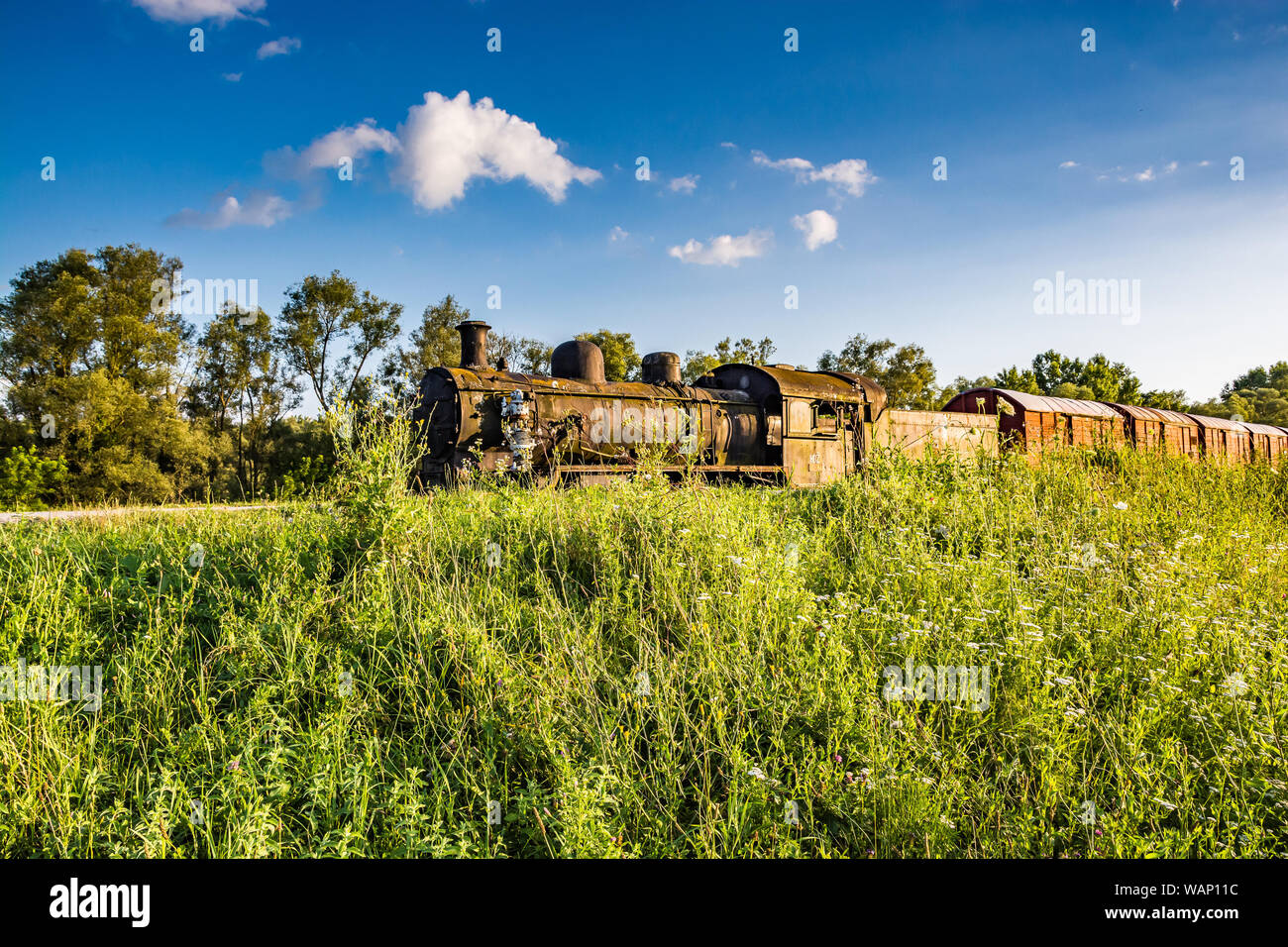 Jasenovac, Croatia - July 14, 2019. Old train in areal of memorial and museum of holocaust Stock Photo