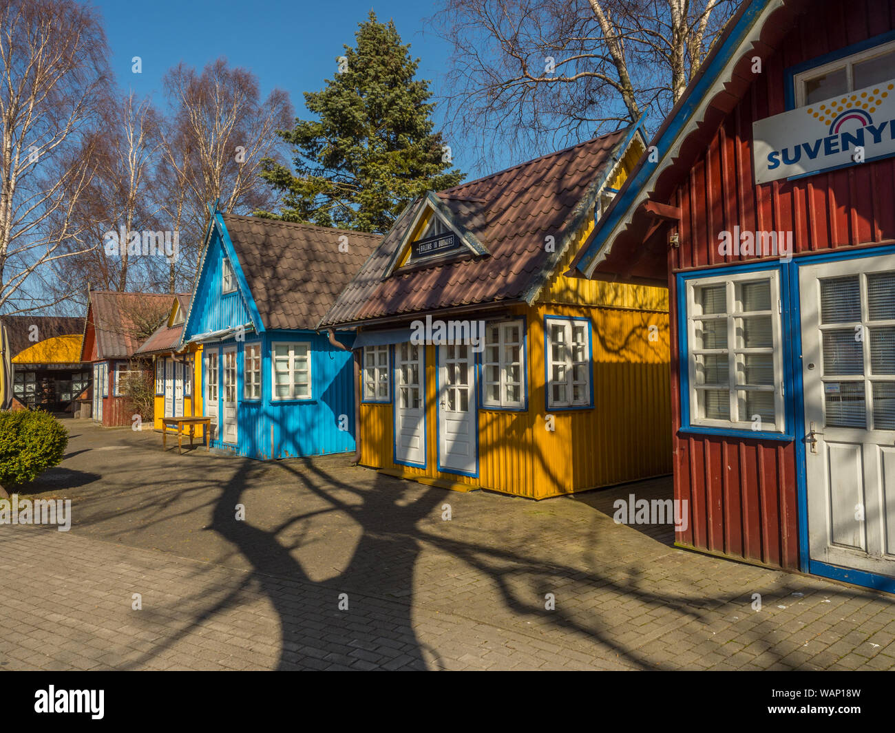 Nida, Lithuania - April 06, 2018: Various colorful houses on the headland, National Park Curonian Spit, A nature reserve with forests and a long sandy Stock Photo