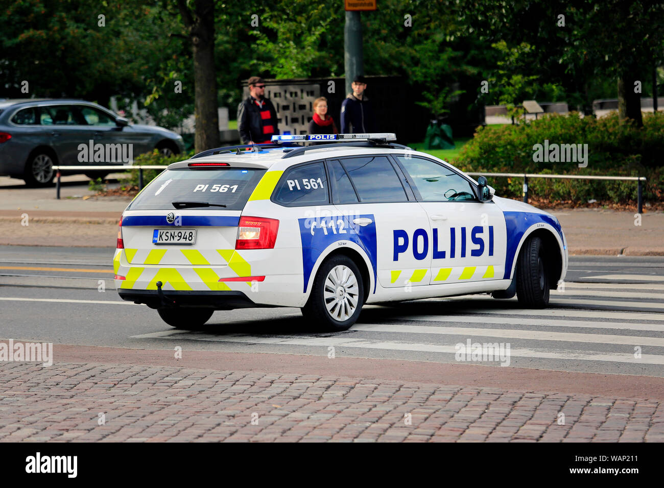 Helsinki, Finland. August 21, 2019. Police officers and vehicles in central Helsinki on the day of Russian President Vladimir Putin's visit. Credit: Taina Sohlman/Alamy Live News Stock Photo
