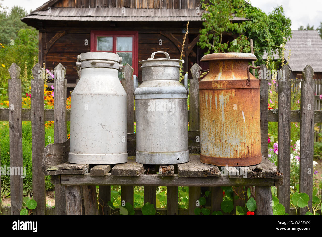 Old milk cans in The Folk Culture Museum in Osiek by the river Notec, the open-air museum presents polish folk culture. Poland, Europe Stock Photo